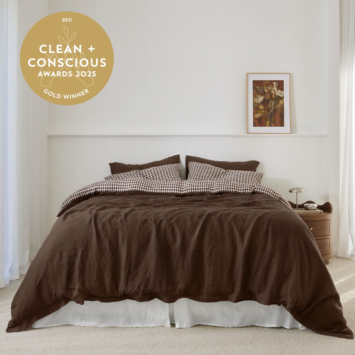 French Flax Linen Reversible Quilt Cover SET in Chocolate/Chocolate Gingham