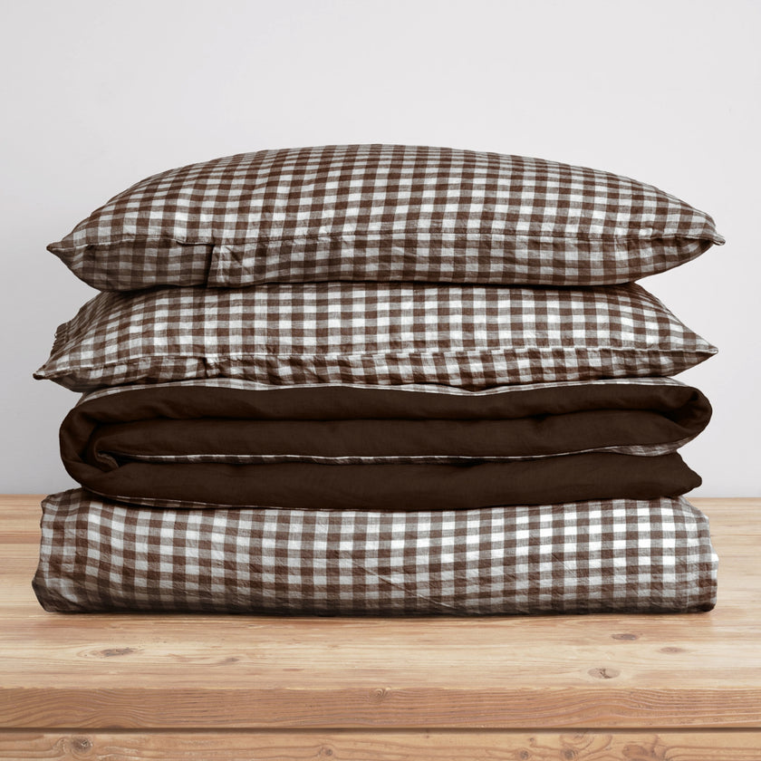 French Flax Linen Double Sided Quilt Cover SET in Chocolate/Chocolate Gingham