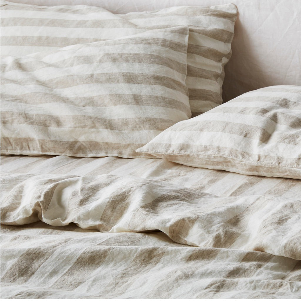 French Flax Linen Quilt Cover Set in Natural Thick Stripe