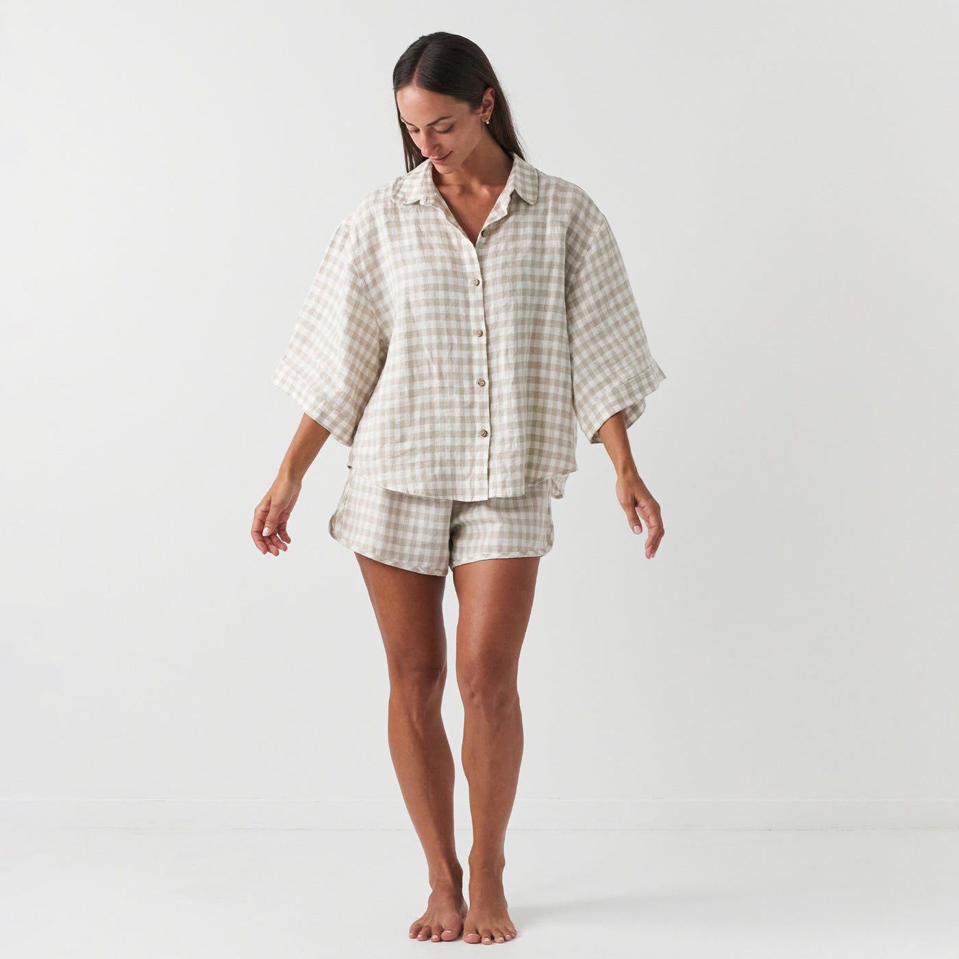 French Flax Linen Relaxed Short in Beige Gingham