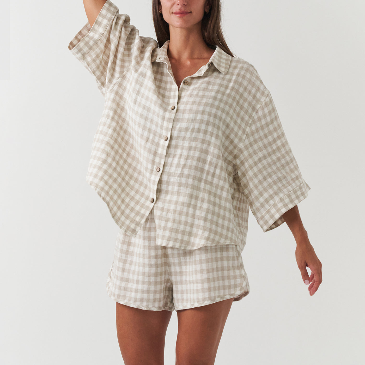 French Flax Linen Relaxed Short in Beige Gingham