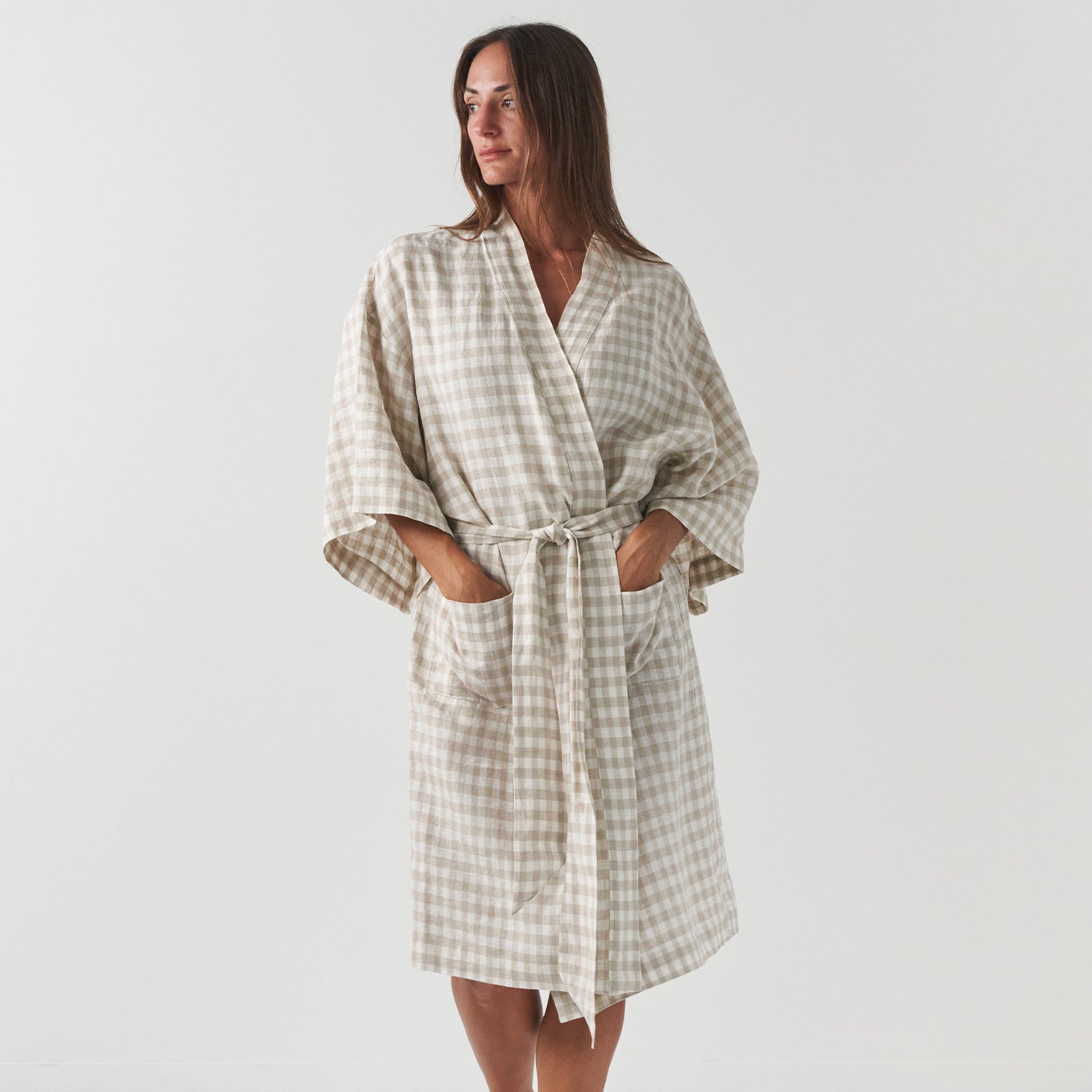 French Flax Linen Robe in Beige Gingham – I Love Linen