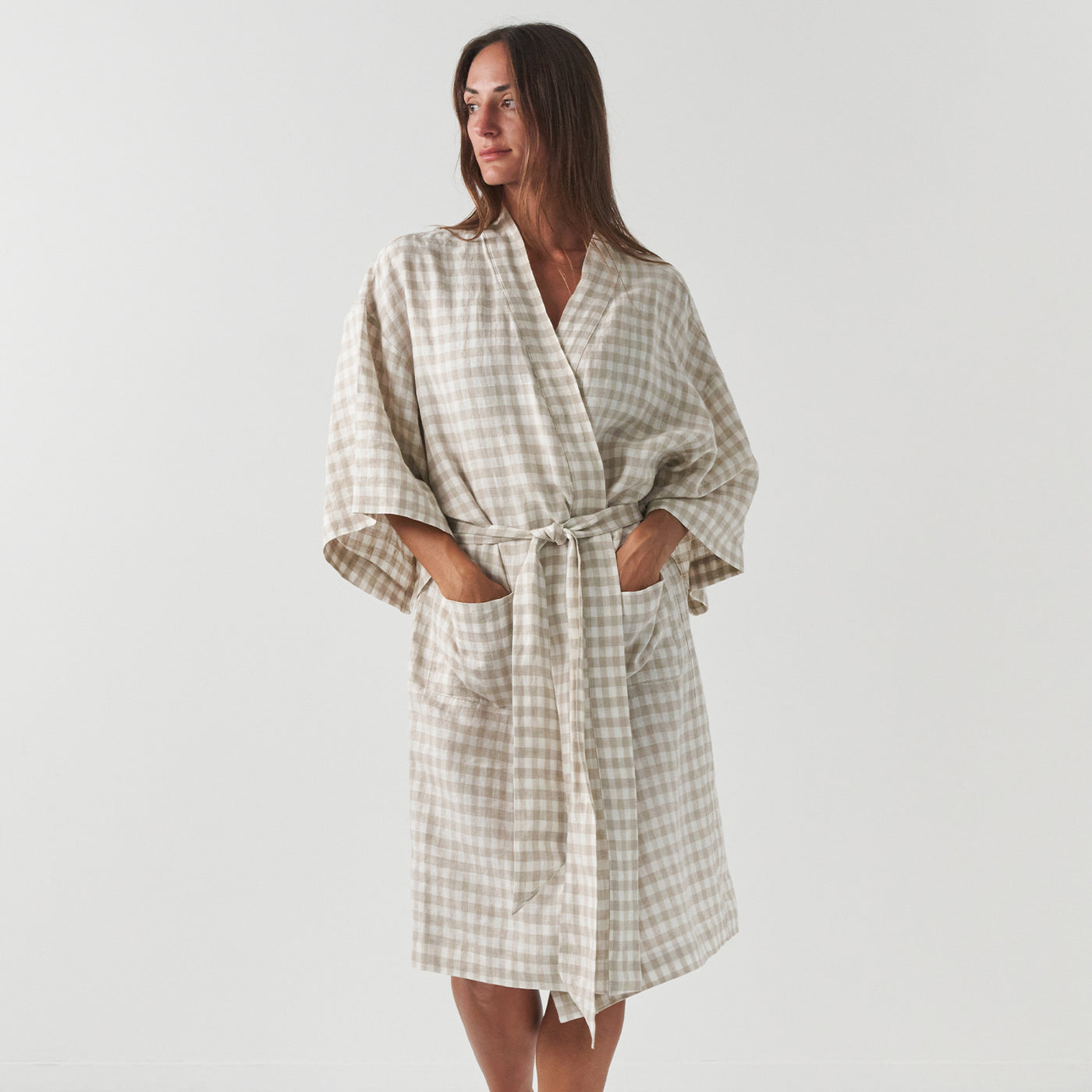 French Flax Linen Robe in Beige Gingham
