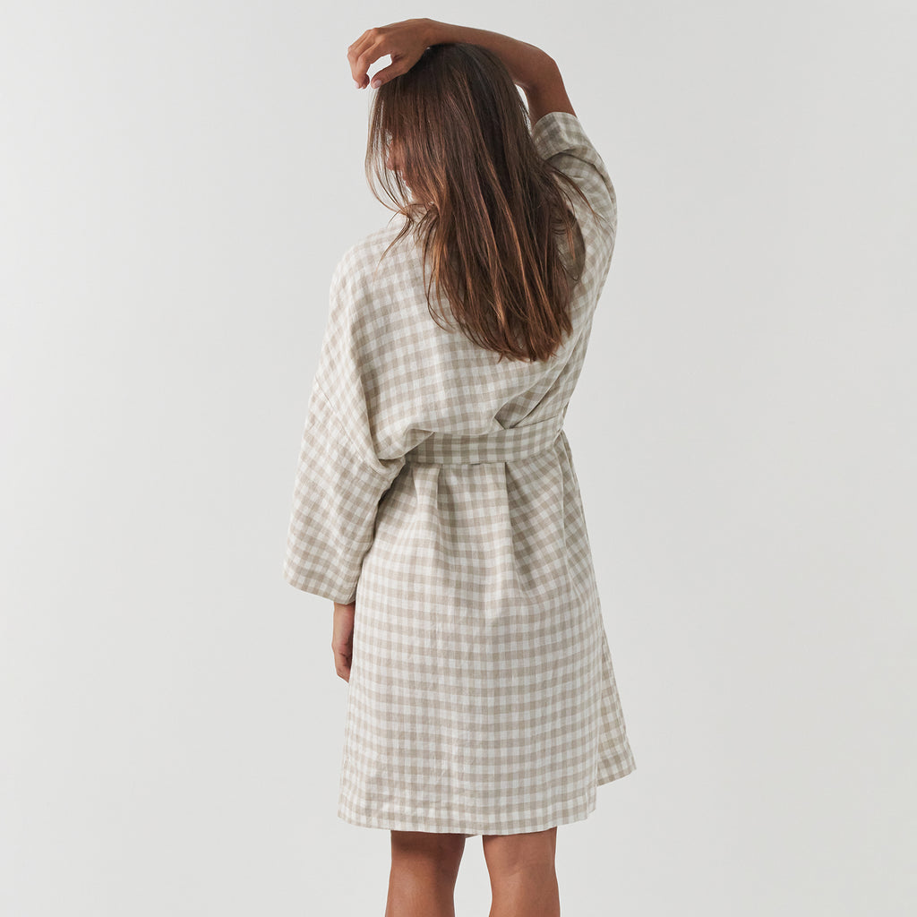French Flax Linen Robe in Beige Gingham – I Love Linen