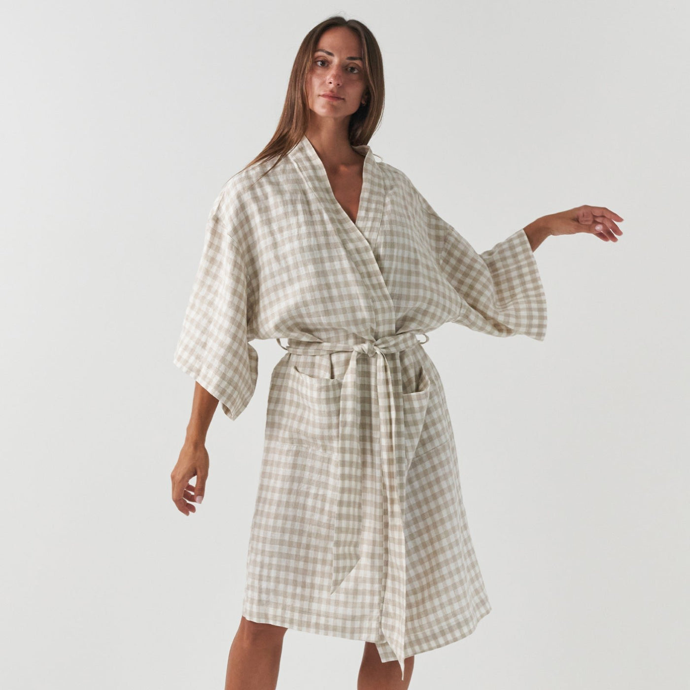 French Flax Linen Robe in Beige Gingham