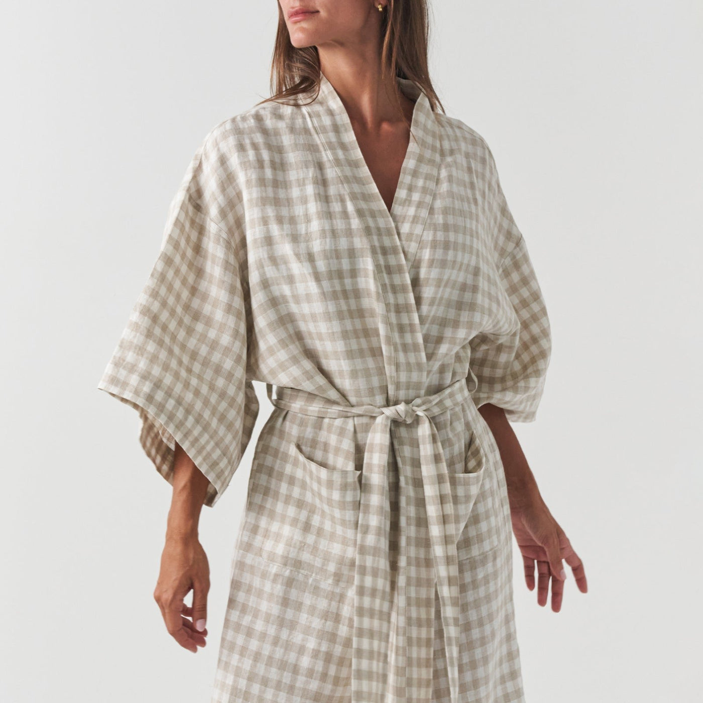 French Flax Linen Robe in Beige Gingham