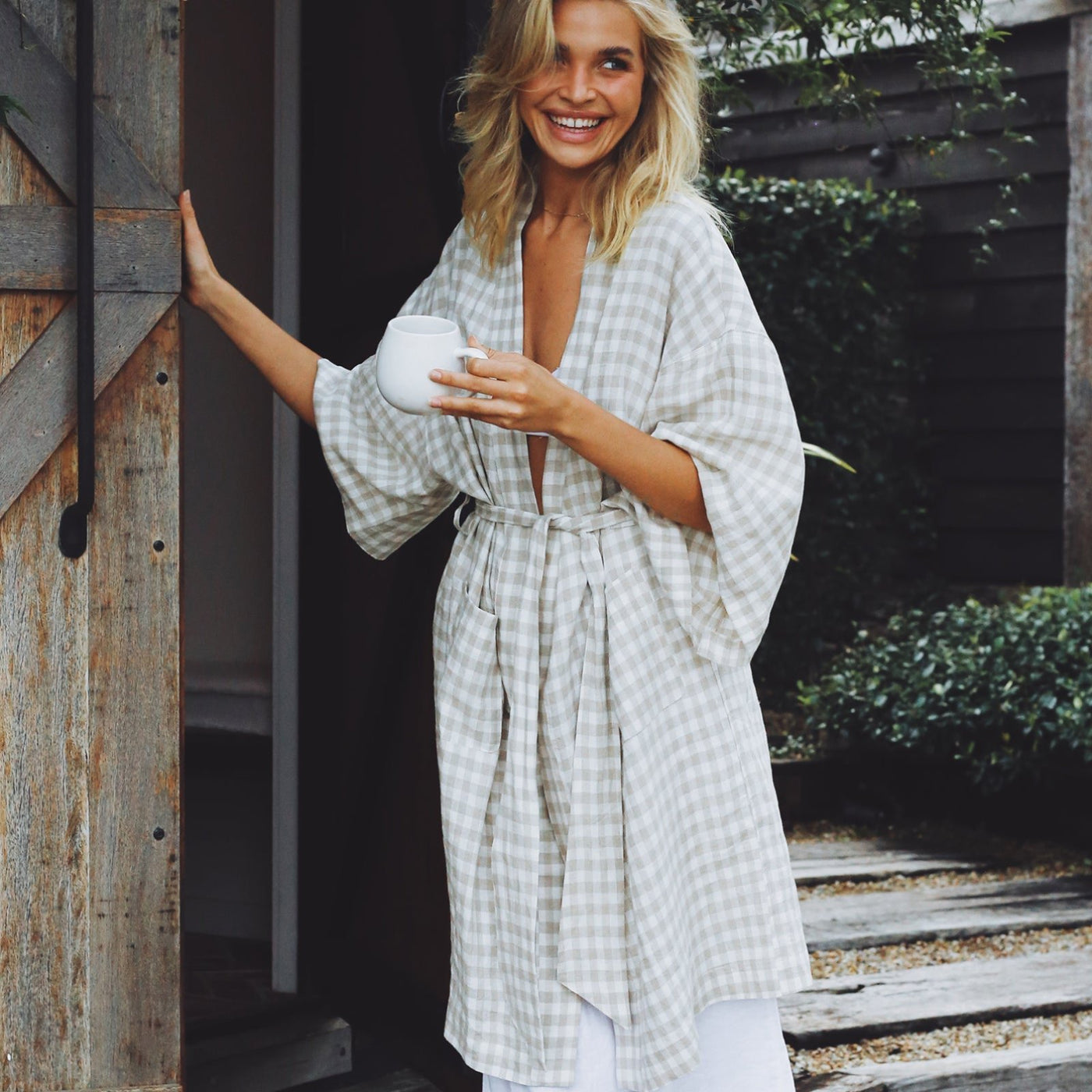 French Flax Linen Robe in Beige Gingham