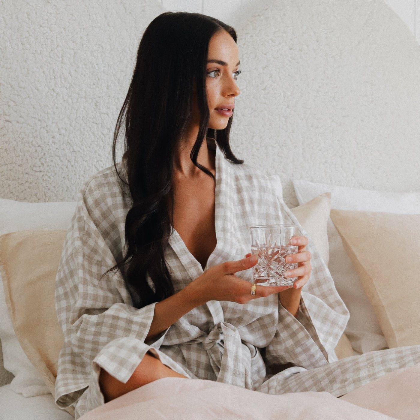 French Flax Linen Robe in Beige Gingham