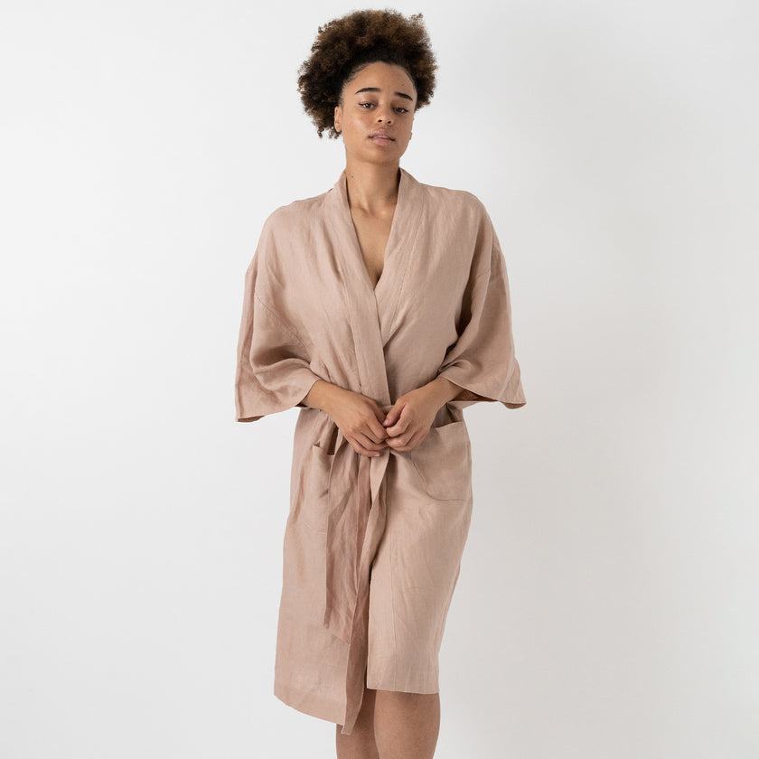 French Flax Linen Robe in Clay