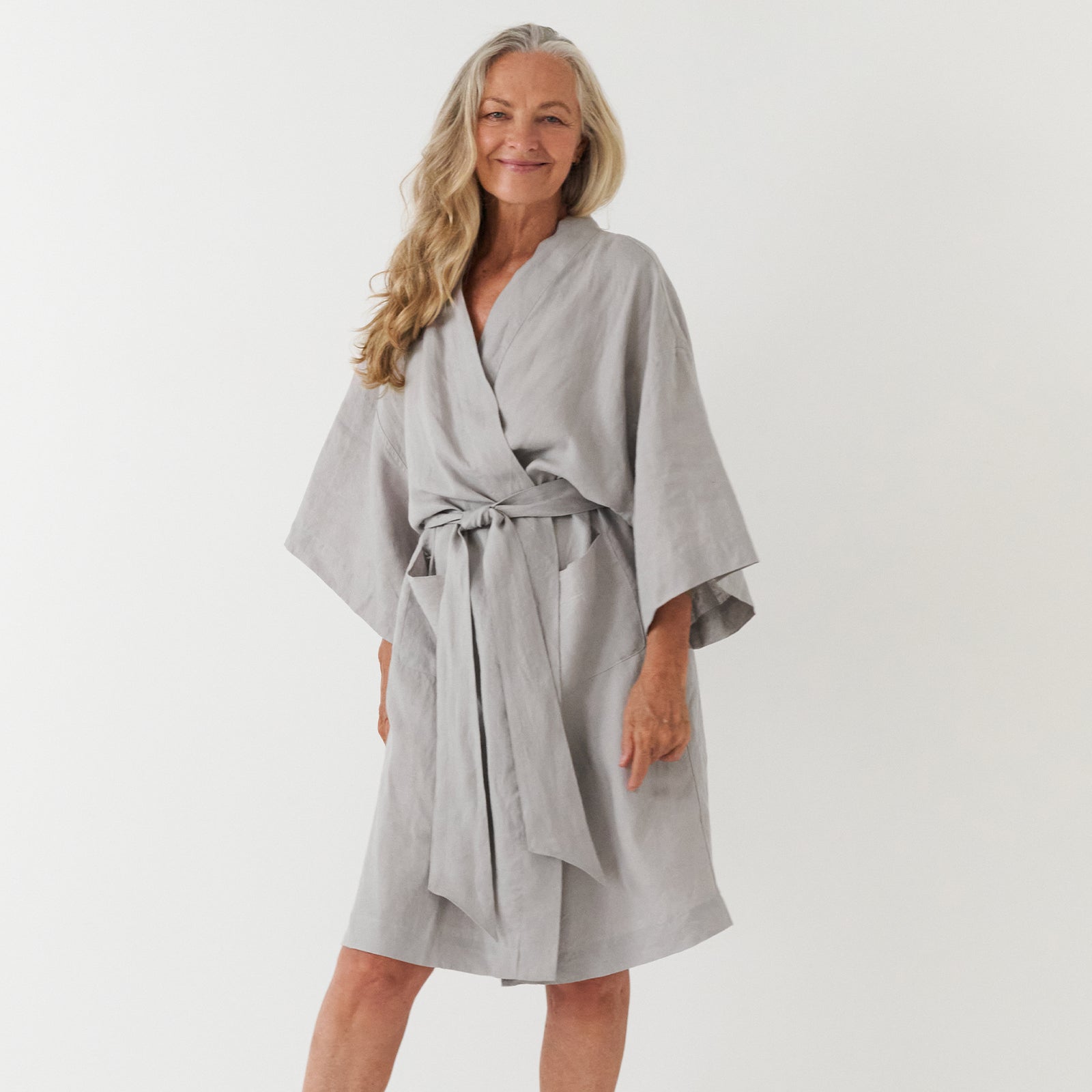 French Flax Linen Robe in Soft Grey