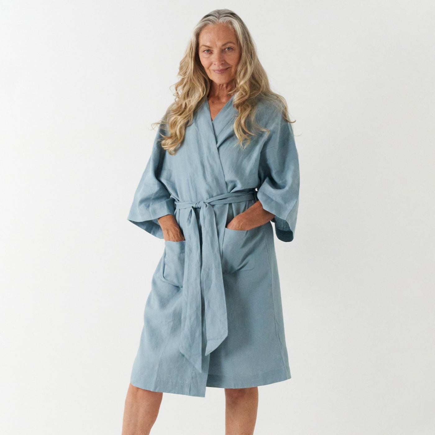 French Flax Linen Robe in Marine Blue