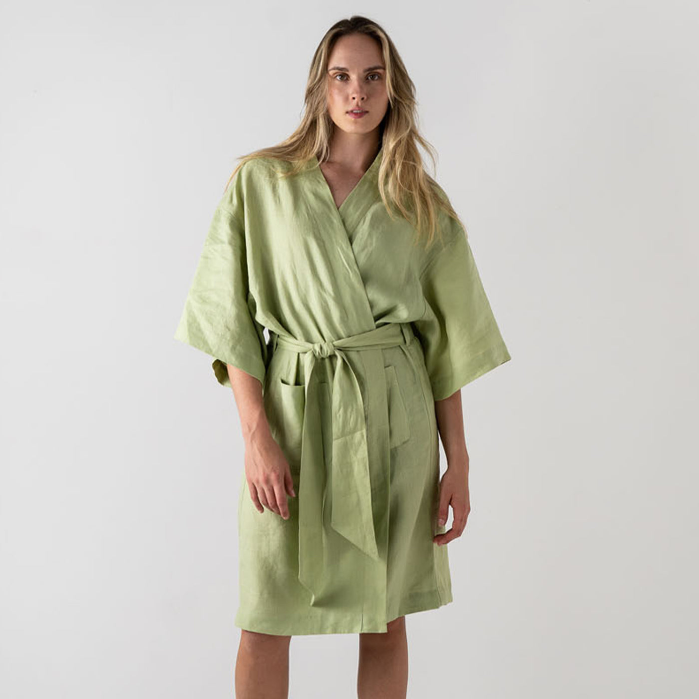 French Flax Linen Robe in Matcha