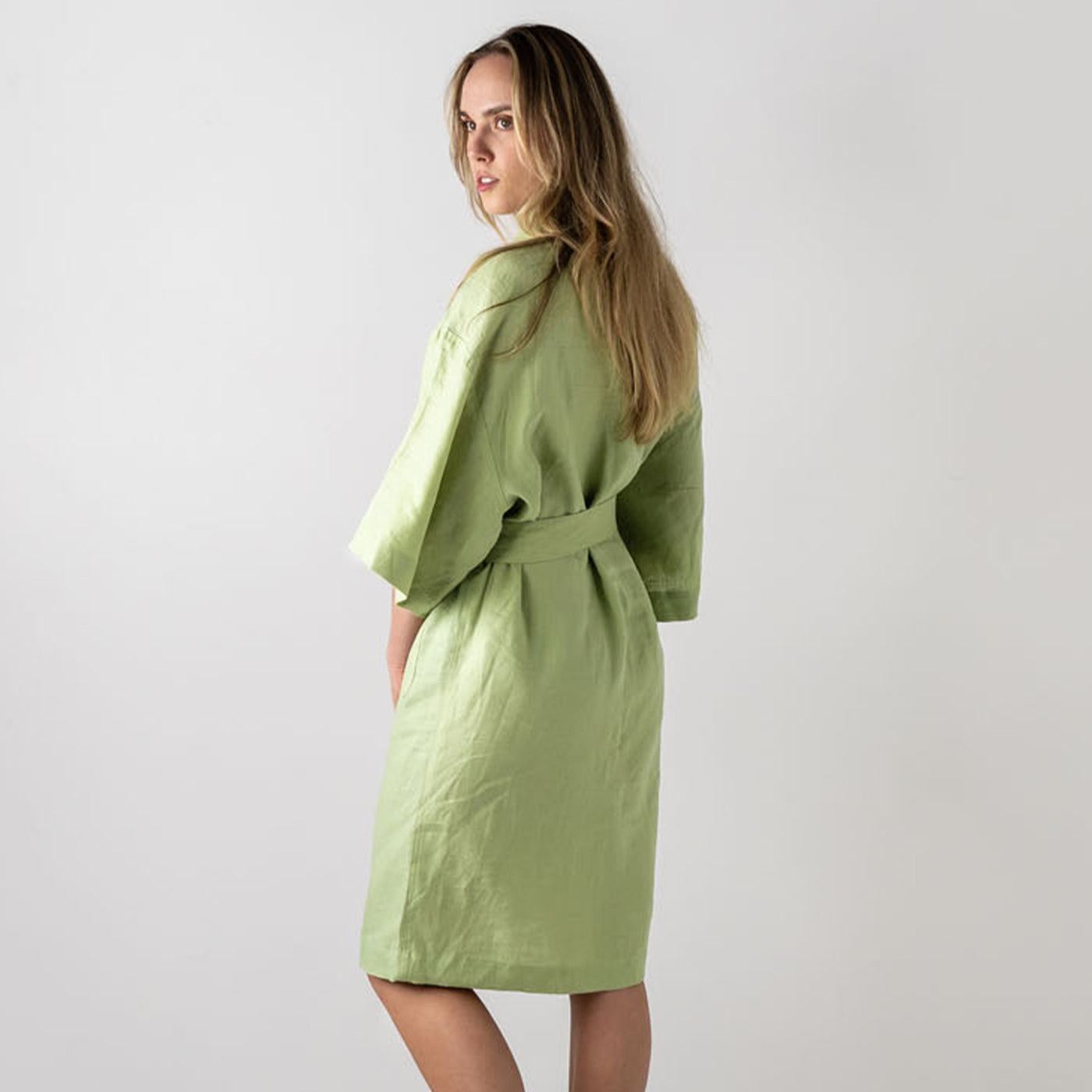 French Flax Linen Robe in Matcha