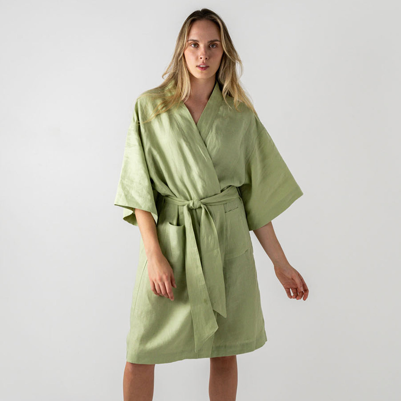 French Flax Linen Robe in Matcha