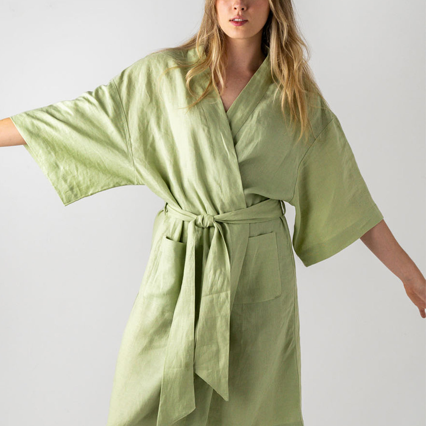 French Flax Linen Robe in Matcha