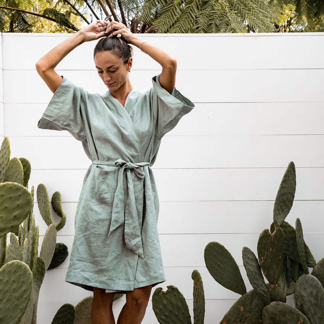 French Flax Linen Robe in Sage