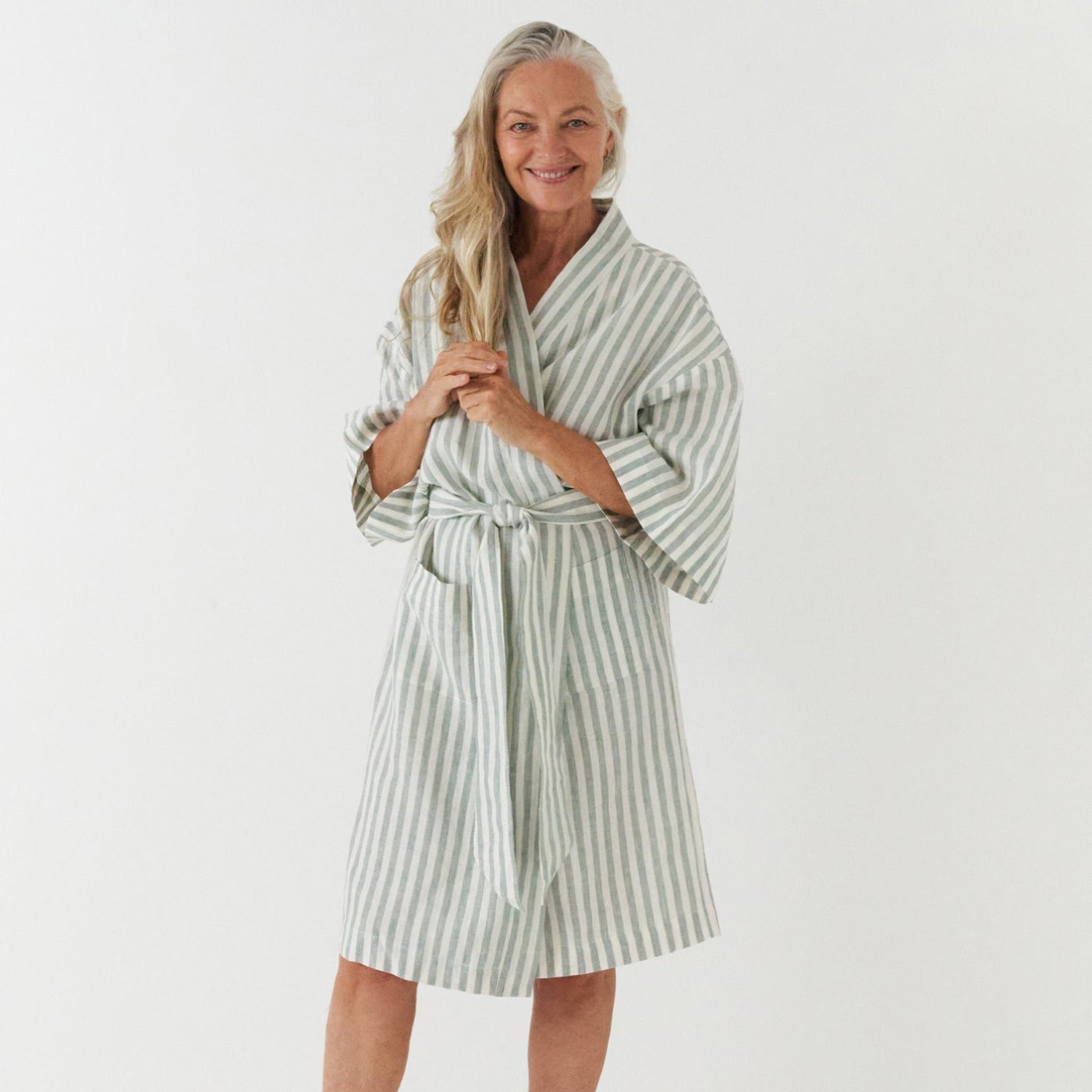 French Flax Linen Robe in Sage Stripe