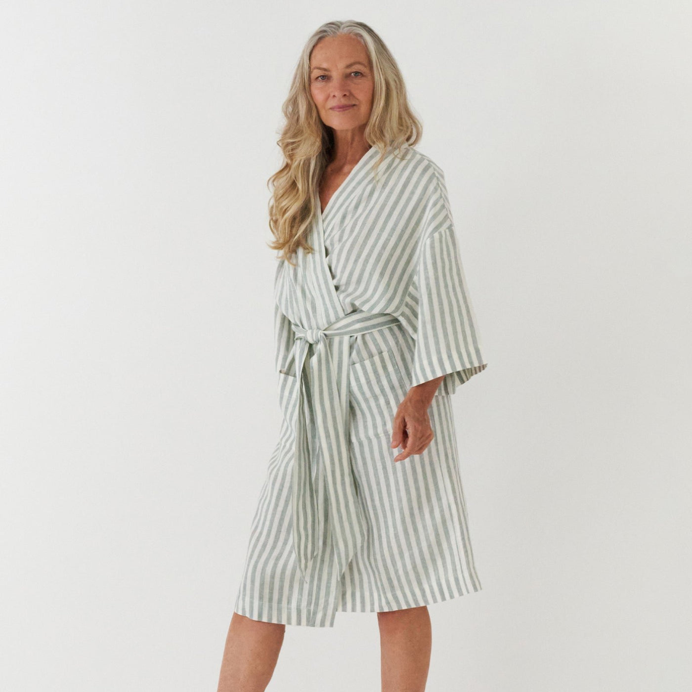 French Flax Linen Robe in Sage Stripe