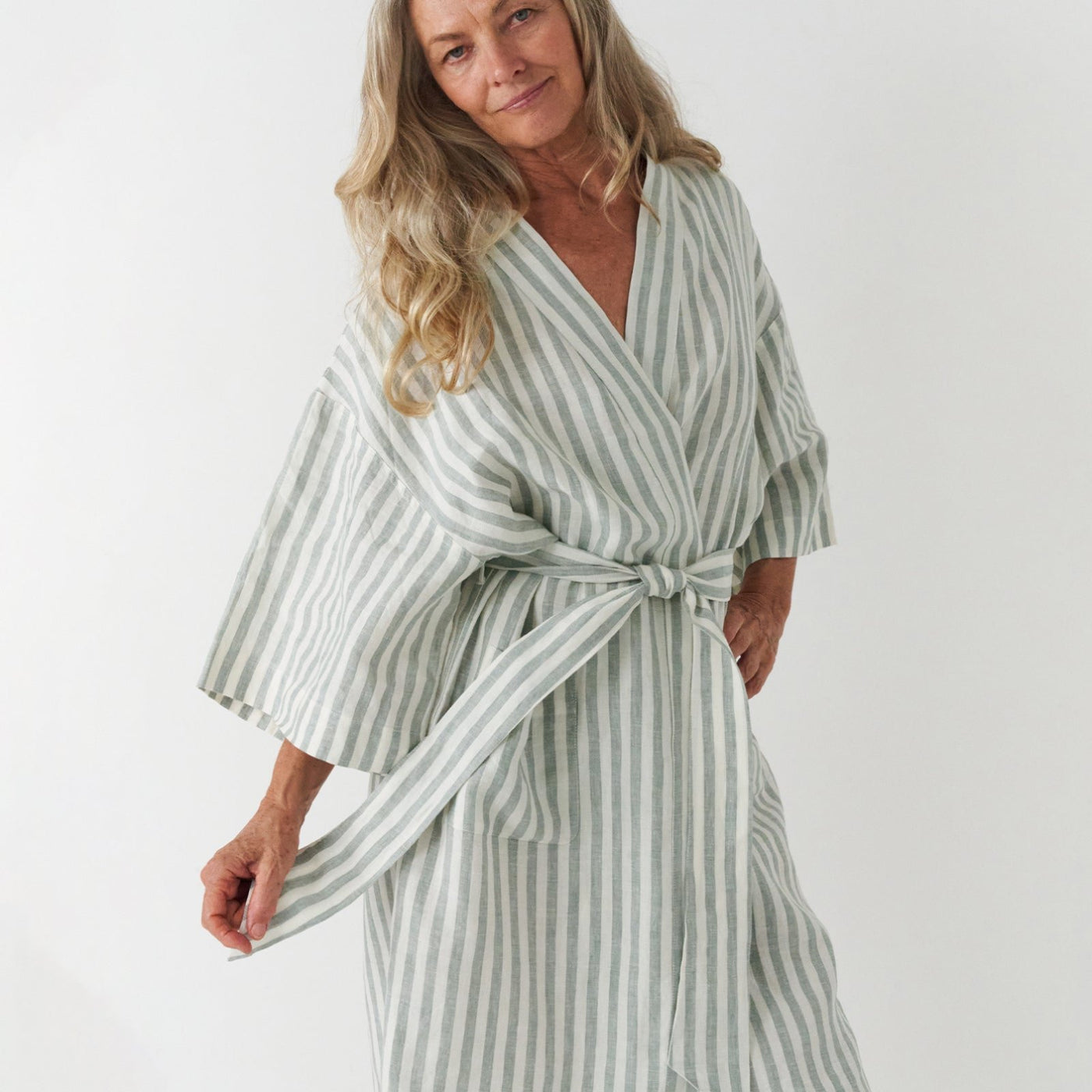 French Flax Linen Robe in Sage Stripe