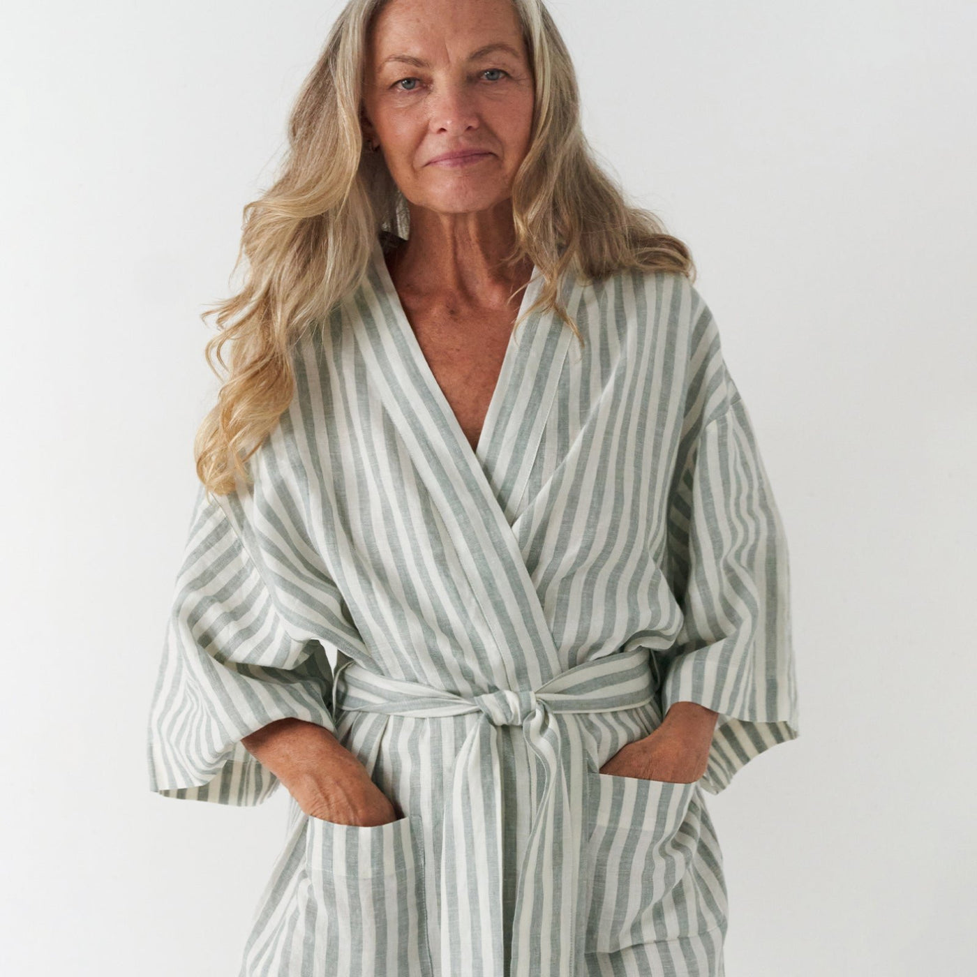 French Flax Linen Robe in Sage Stripe