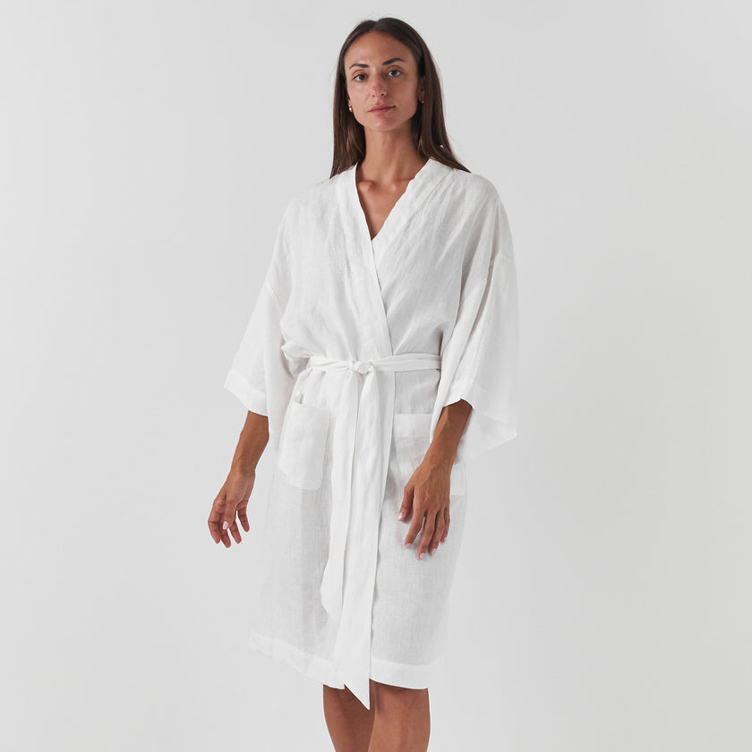 French Flax Linen Robe in White