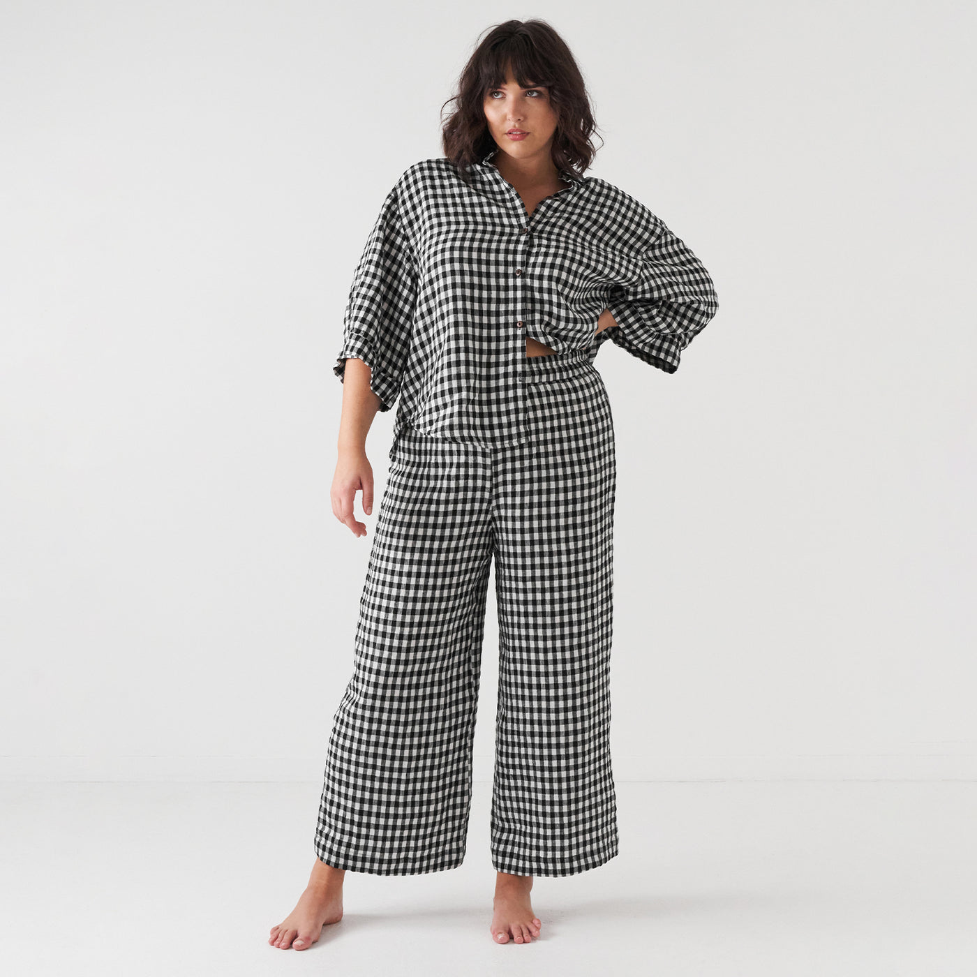 French Flax Linen Lounge Pant in Charcoal Gingham