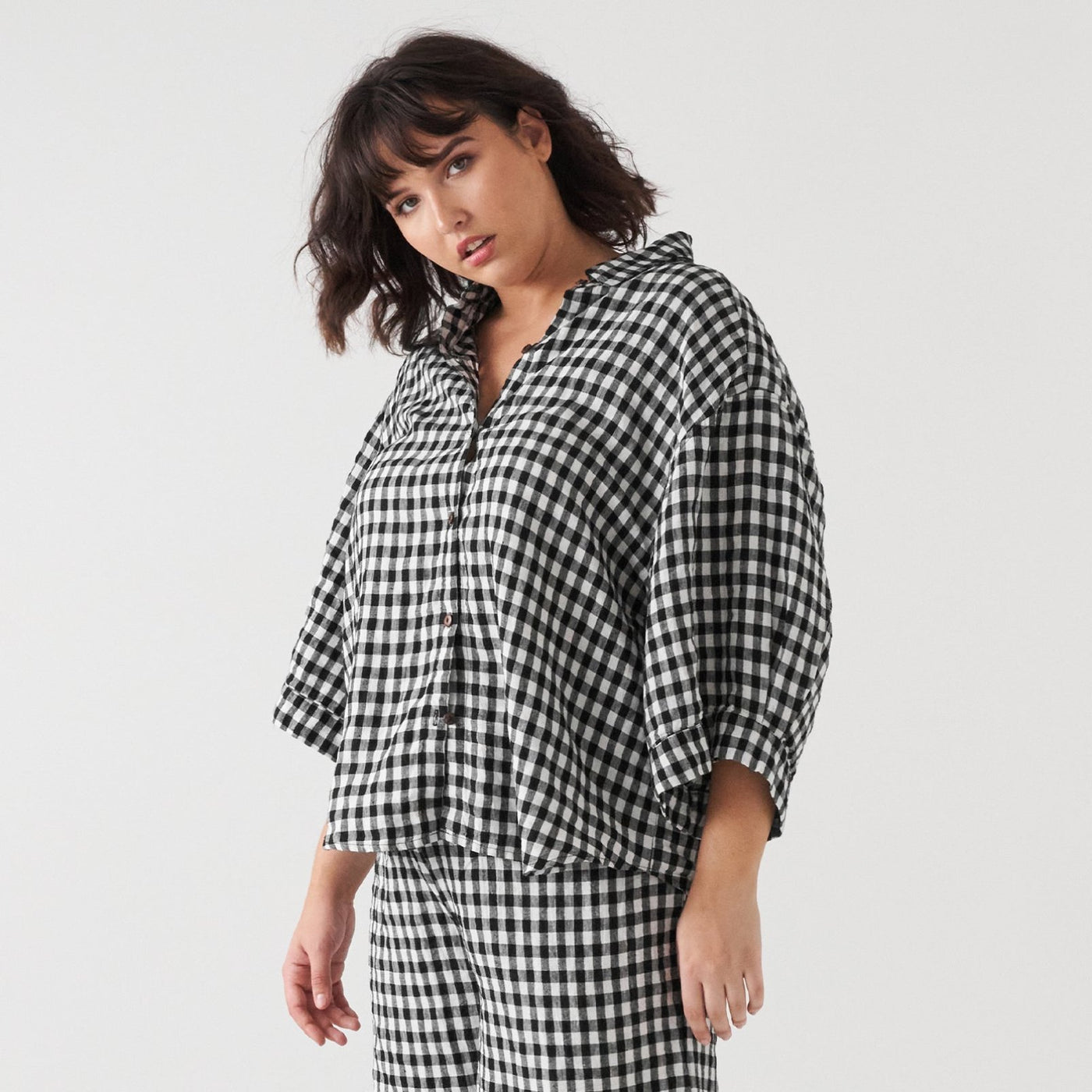 French Flax Linen Ruby Lounge Set in Charcoal Gingham