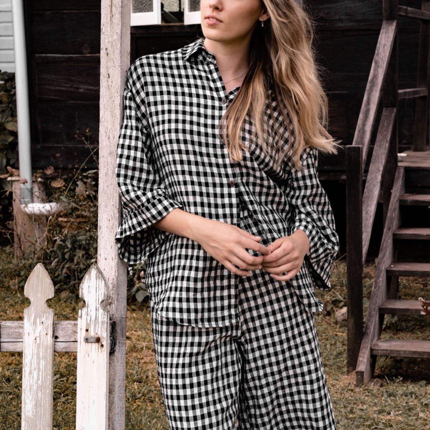 French Flax Linen Lounge Pant in Charcoal Gingham