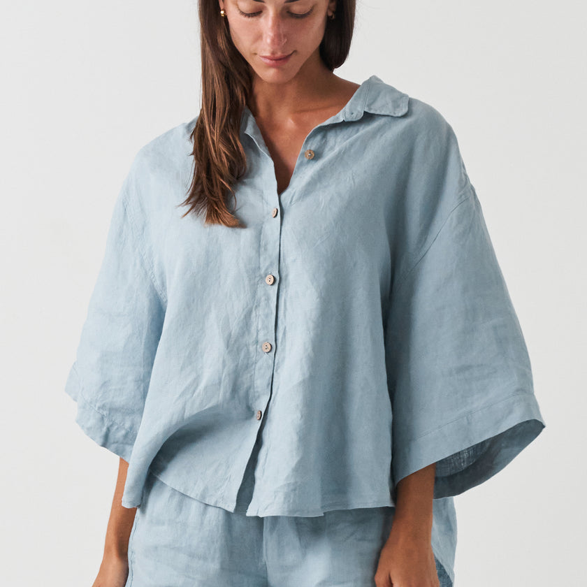 French Flax Linen Ruby Shirt in Marine Blue