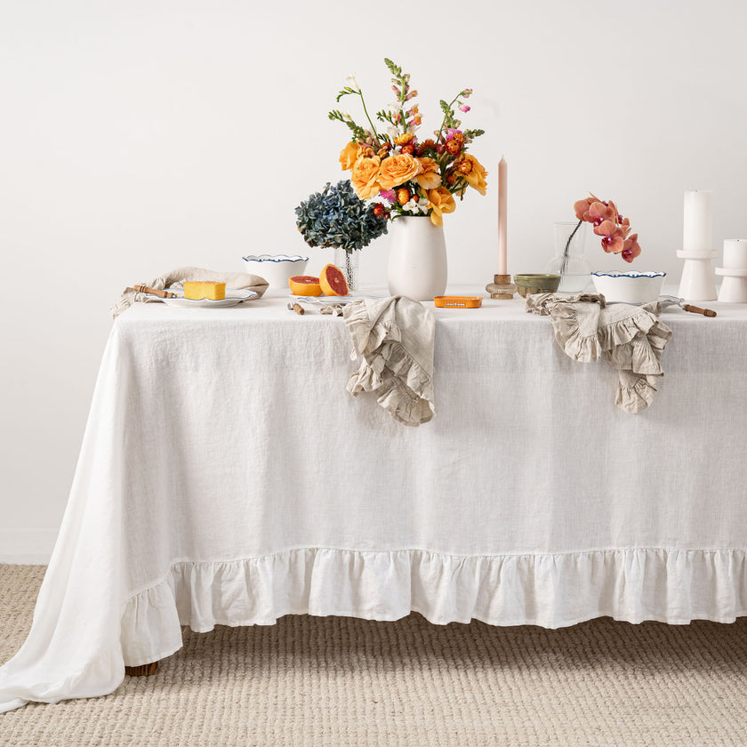 French Flax Linen Ruffles Table Cloth in White