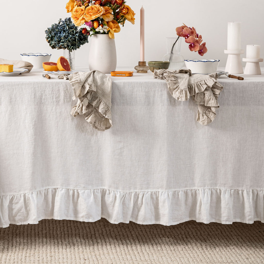 French Flax Linen Ruffles Table Cloth in White – I Love Linen