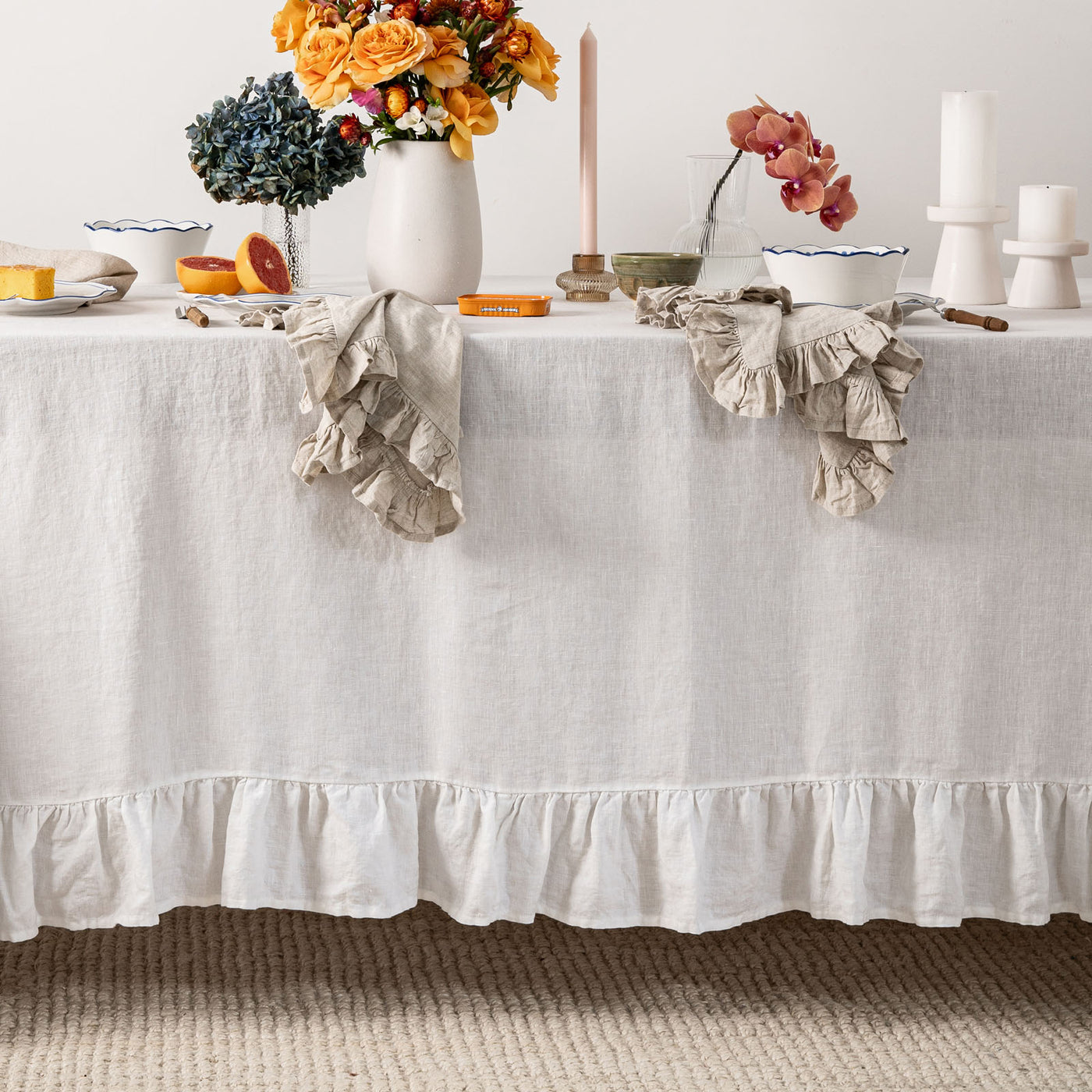 French Flax Linen Ruffles Table Cloth in White