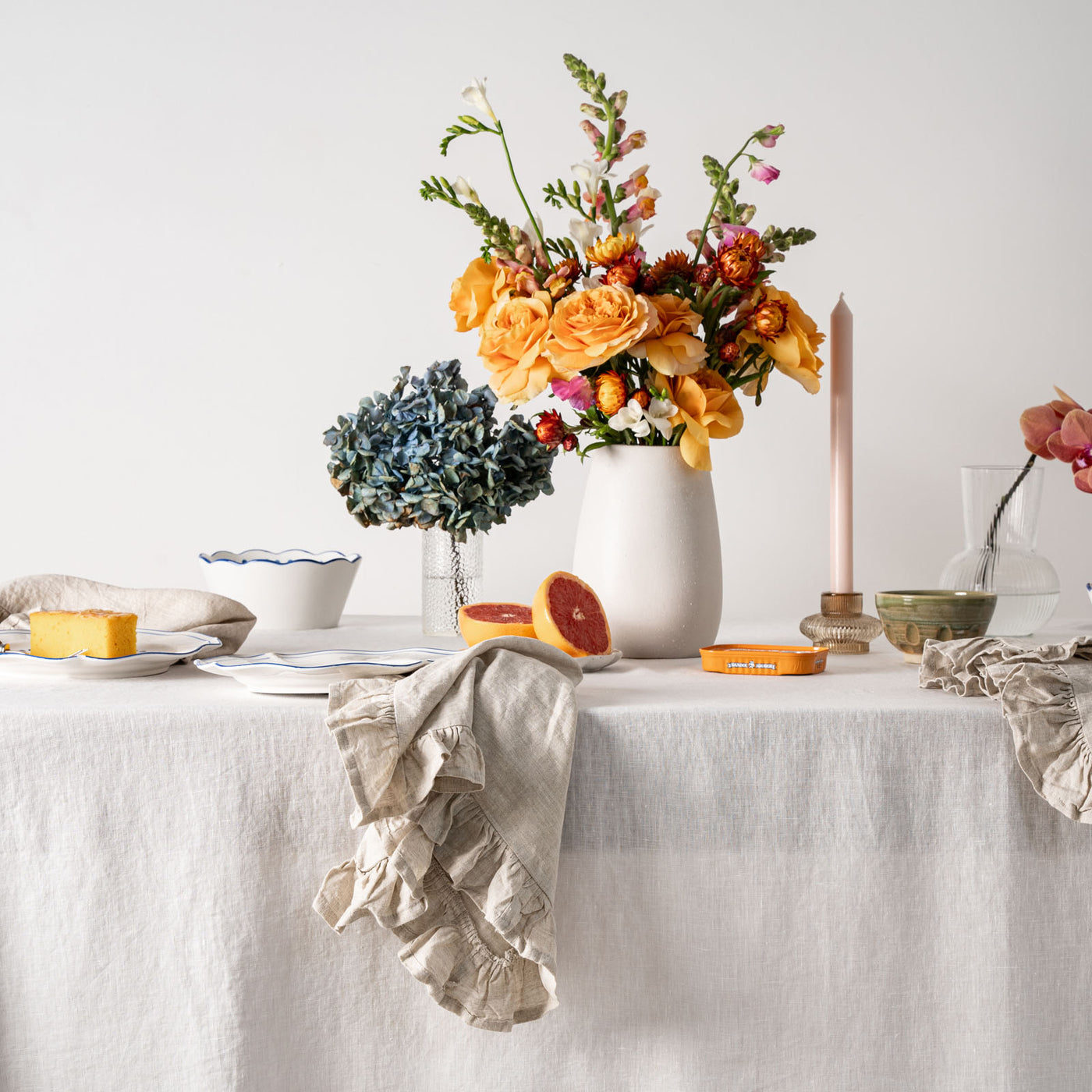 French Flax Linen Ruffles Table Cloth in White