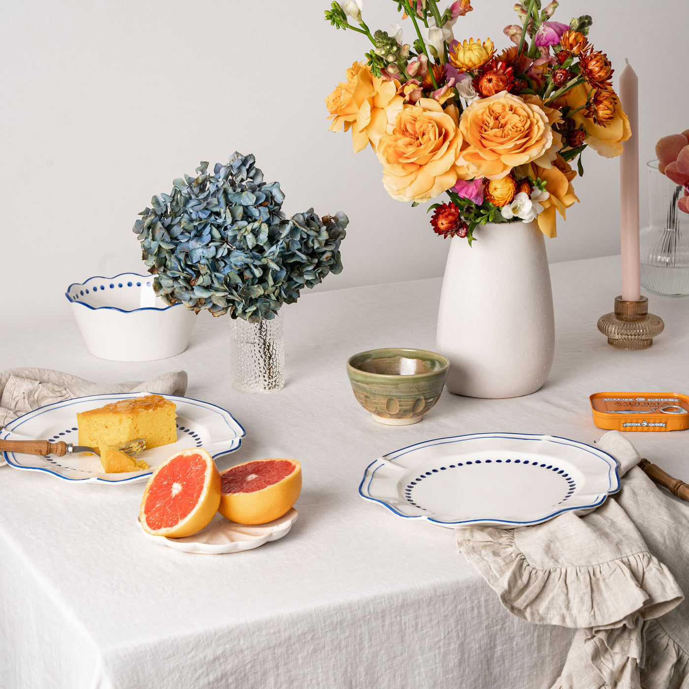 French Flax Linen Ruffles Table Cloth in White