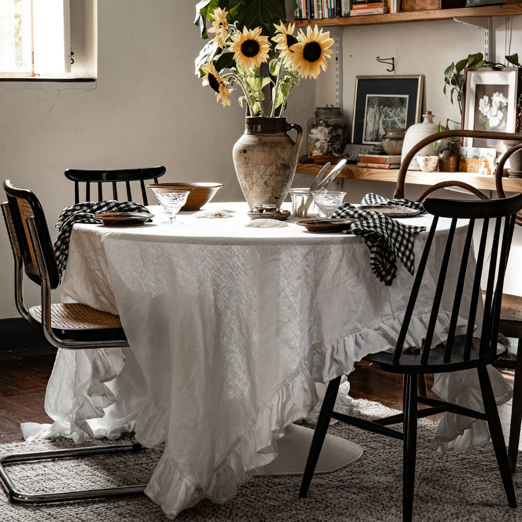 French Flax Linen Ruffles Table Cloth in White