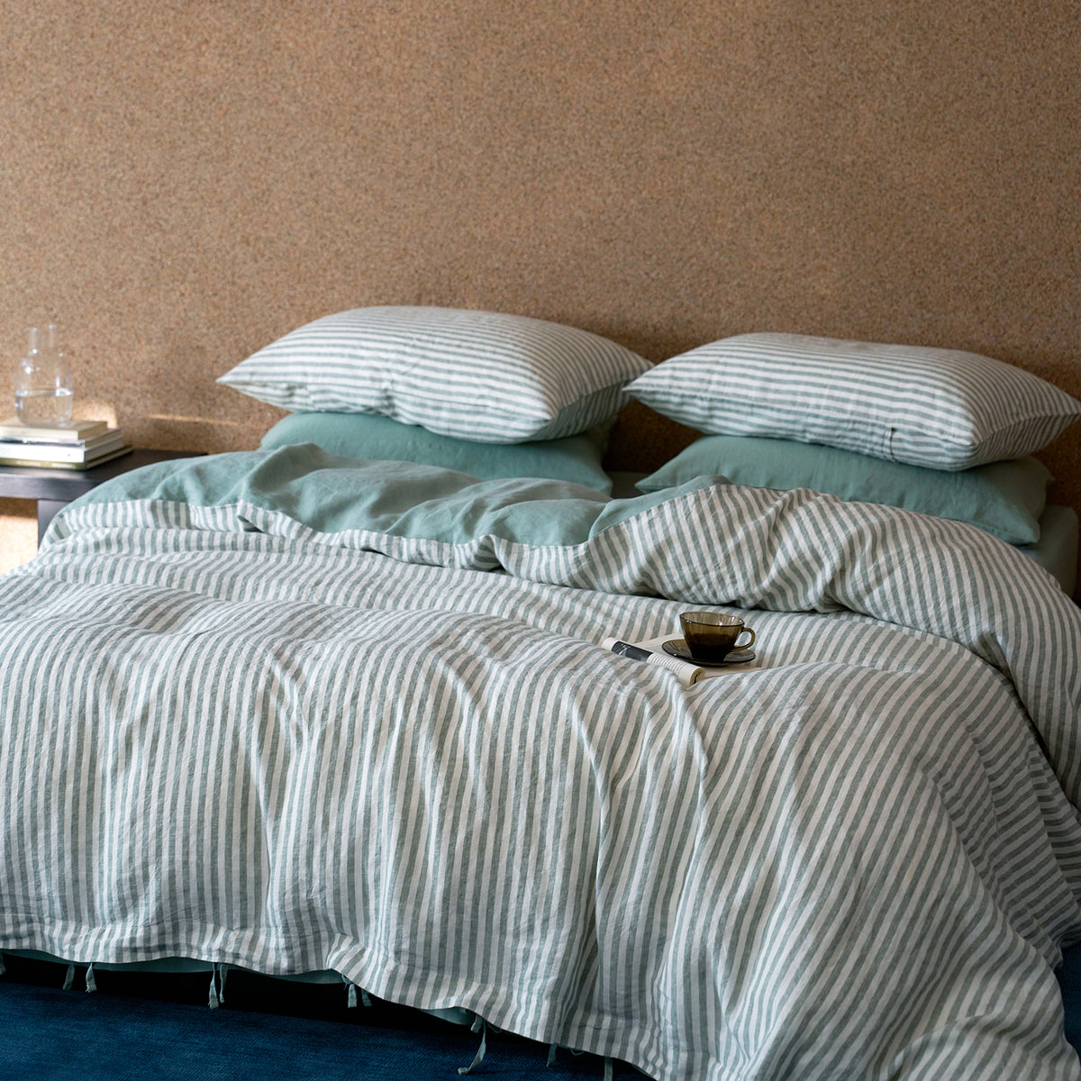 French Flax Linen Reversible Quilt Cover in Sage/Sage Stripe