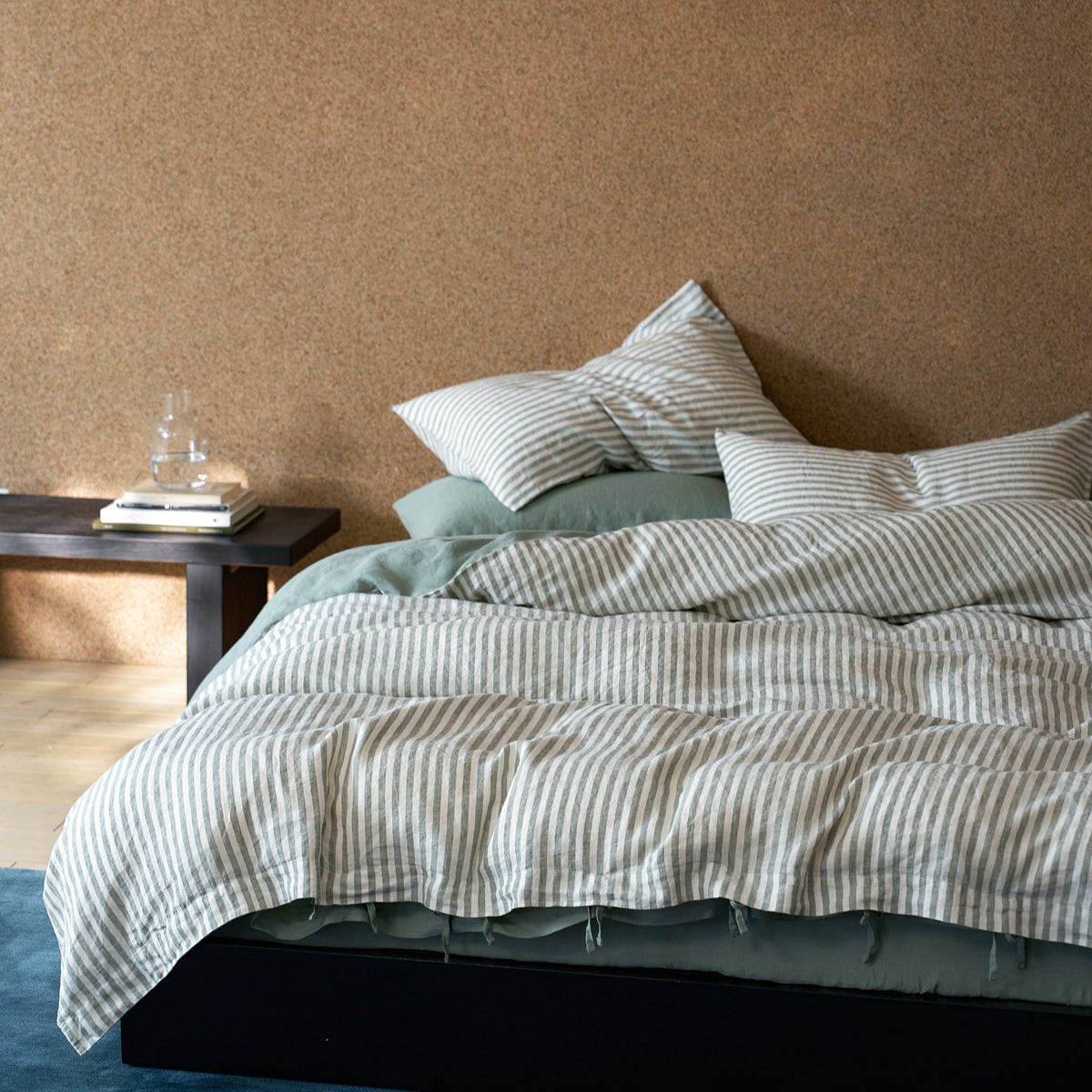 French Flax Linen Reversible Quilt Cover in Sage/Sage Stripe