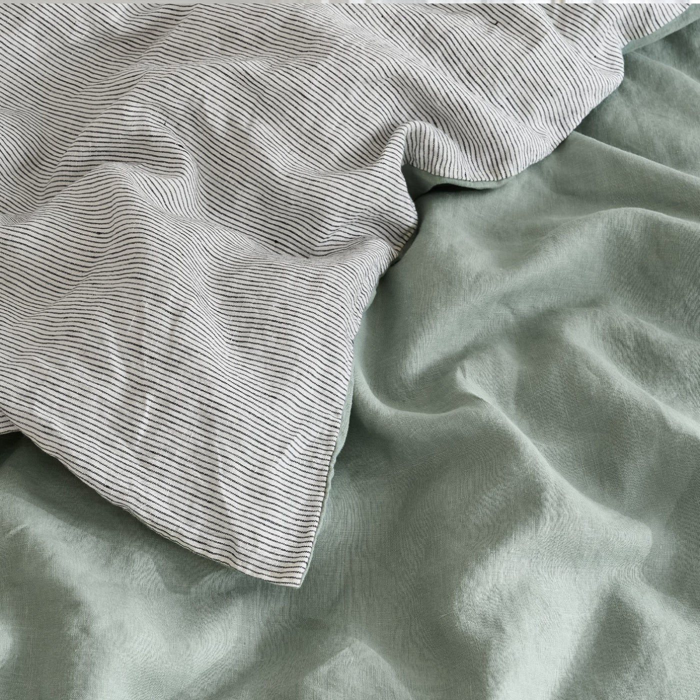 French Flax Linen Double Sided Quilt Cover Set in Sage/Pinstripe