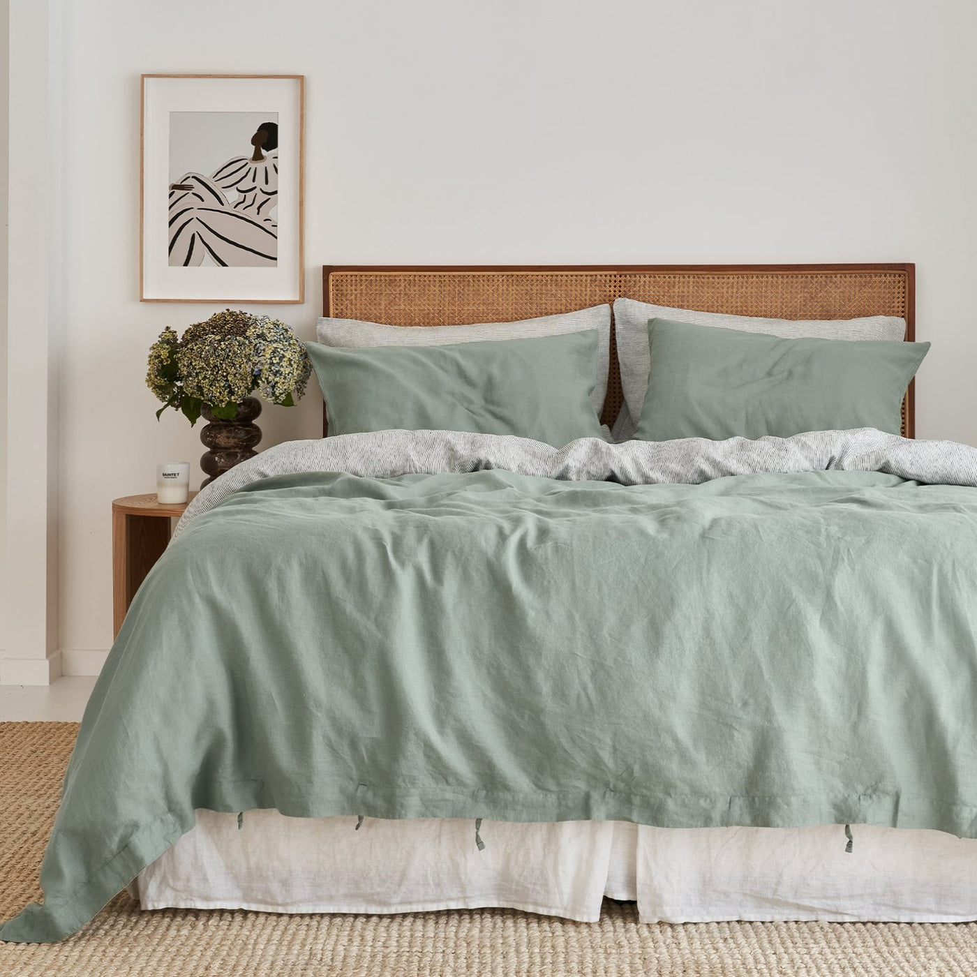 French Flax Linen Double Sided Quilt Cover Set in Sage/Pinstripe