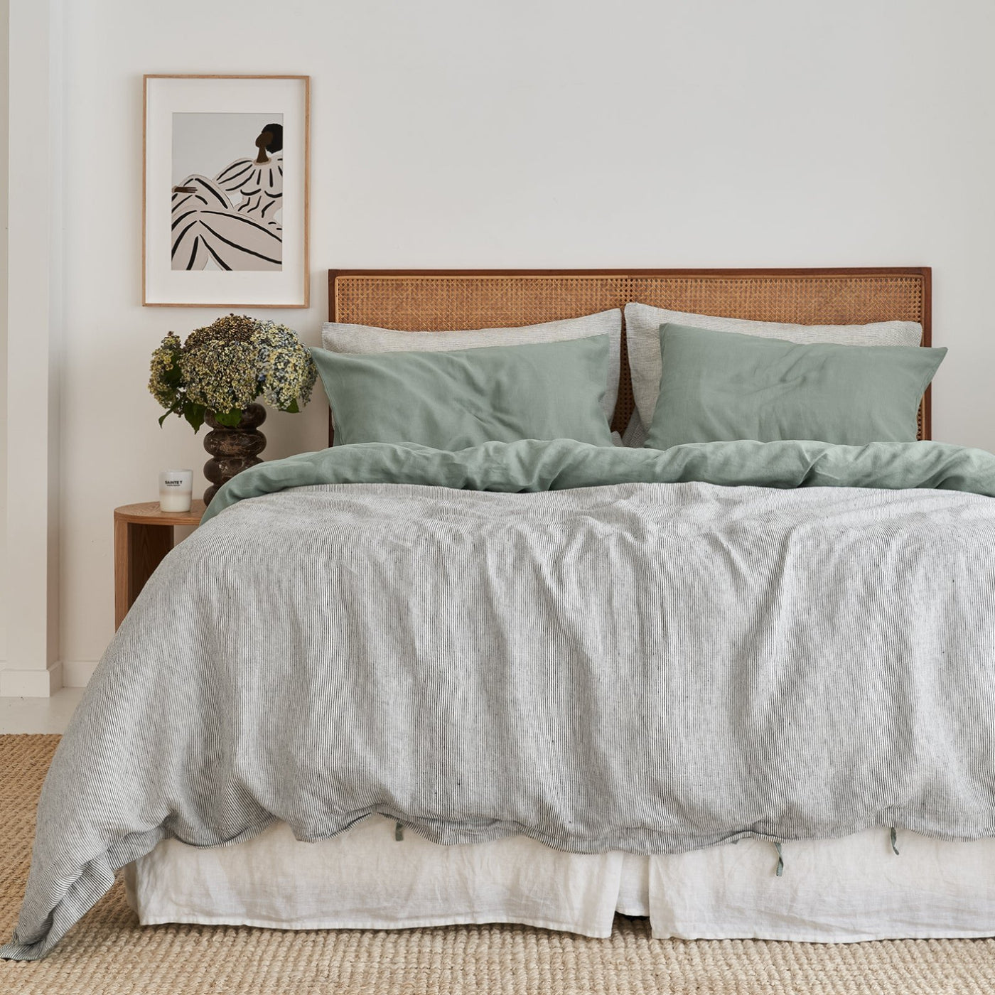 French Flax Linen Double Sided Quilt Cover Set in Sage/Pinstripe