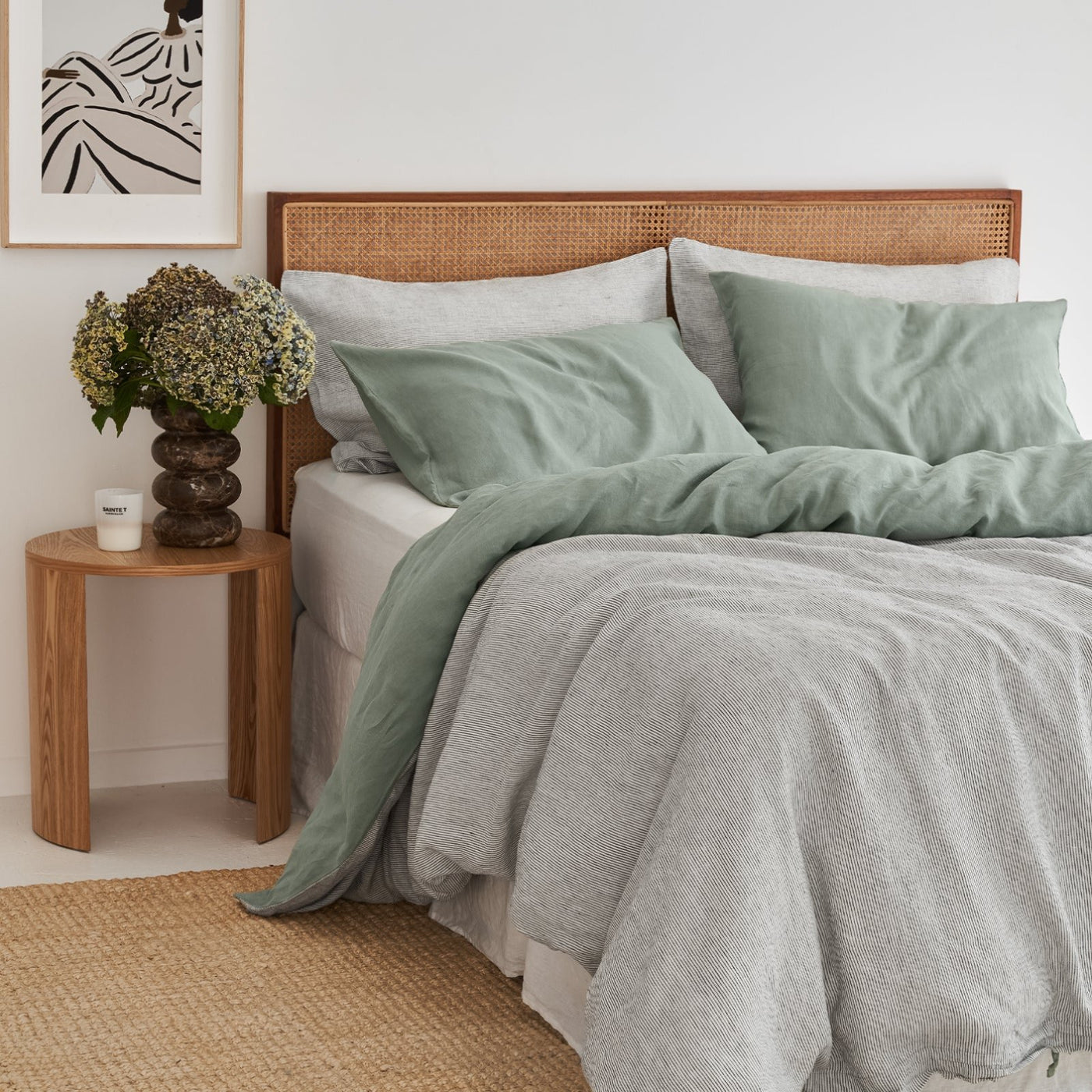 French Flax Linen Double Sided Quilt Cover Set in Sage/Pinstripe