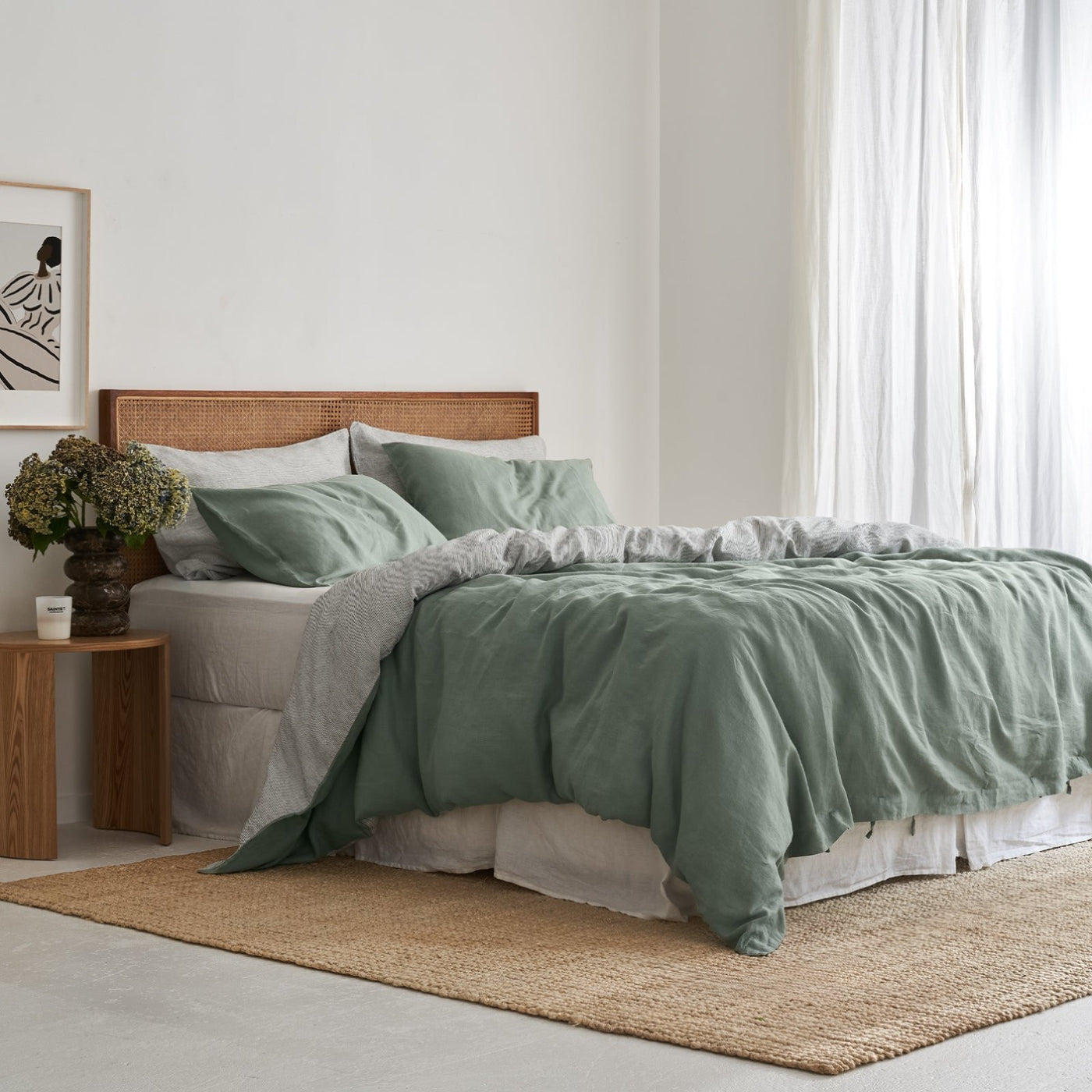 French Flax Linen Double Sided Quilt Cover Set in Sage/Pinstripe