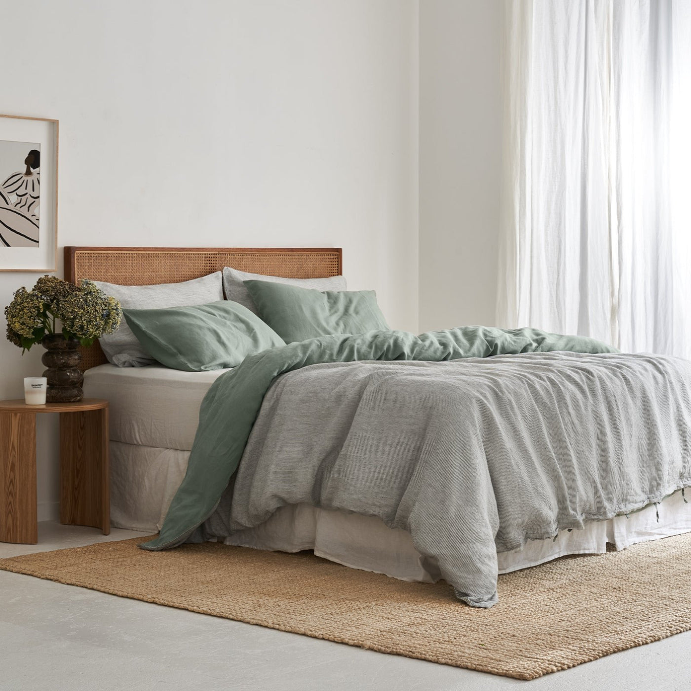 French Flax Linen Double Sided Quilt Cover Set in Sage/Pinstripe