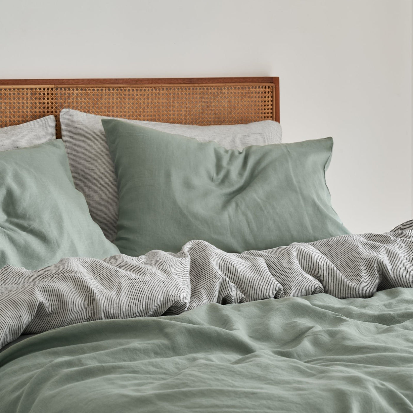 French Flax Linen Double Sided Quilt Cover Set in Sage/Pinstripe