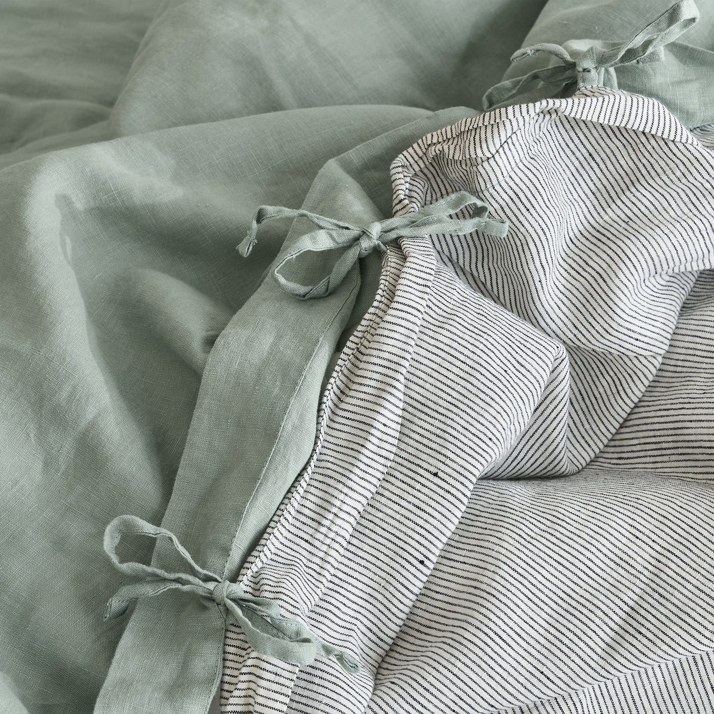 French Flax Linen Double Sided Quilt Cover in Sage/Pinstripe