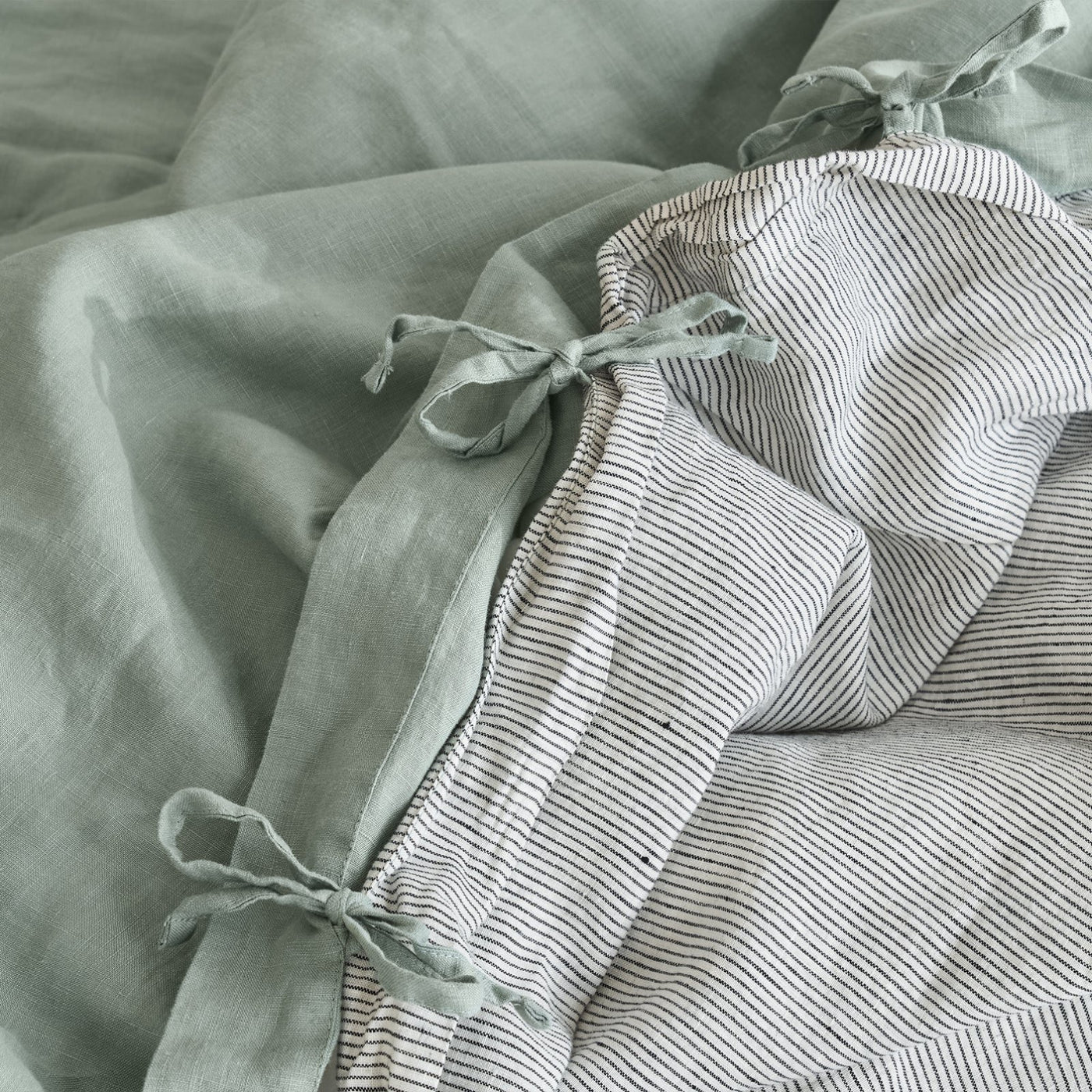French Flax Linen Double Sided Quilt Cover Set in Sage/Pinstripe