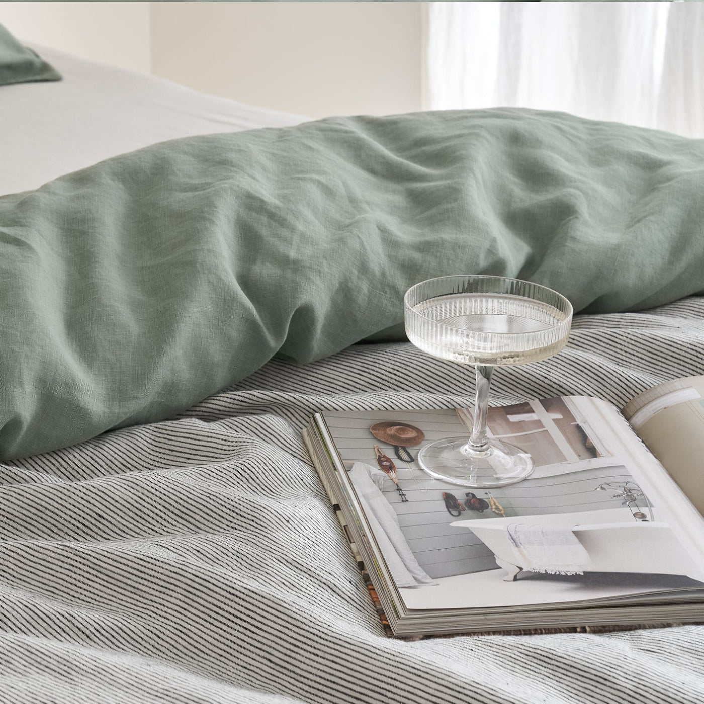 French Flax Linen Double Sided Quilt Cover Set in Sage/Pinstripe