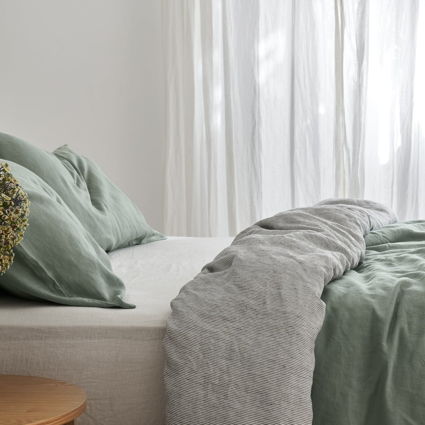 French Flax Linen Double Sided Quilt Cover Set in Sage/Pinstripe