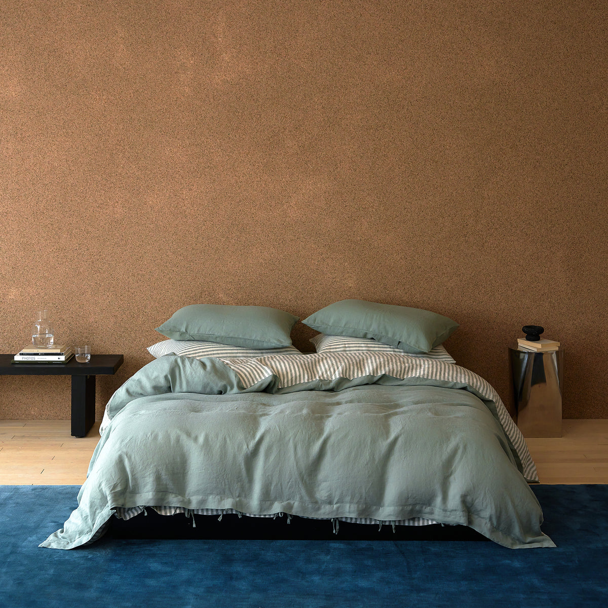 French Flax Linen Reversible Quilt Cover in Sage/Sage Stripe