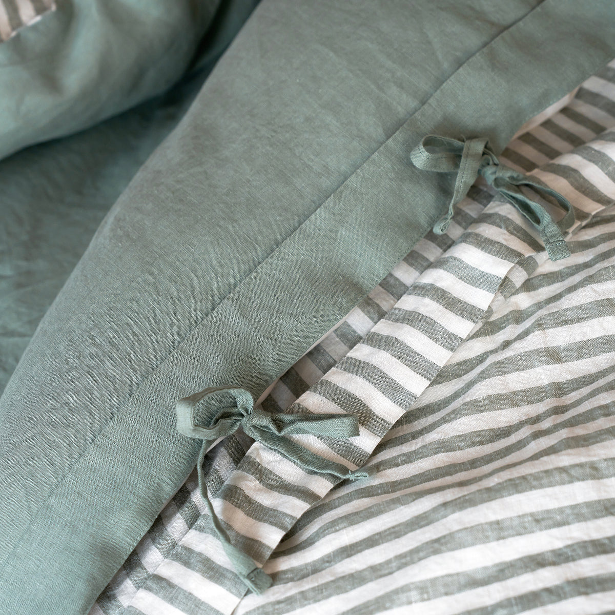 French Flax Linen Reversible Quilt Cover in Sage/Sage Stripe